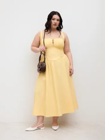 Robe longue en mélange de coton, col carré, lacets et volants Curve & Plus