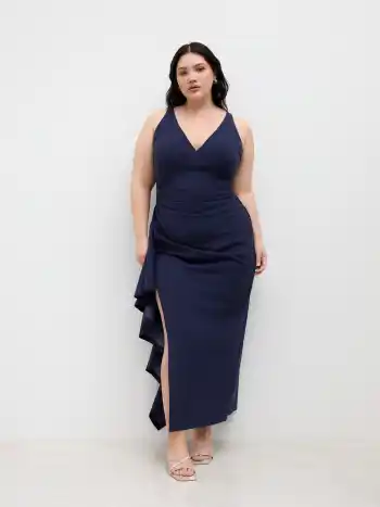V-neck Asymmetrical Ruffle Hem Maxi Dress Curve & Plus