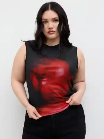 Mesh Figure Graphic Tank Top Curve & Plus