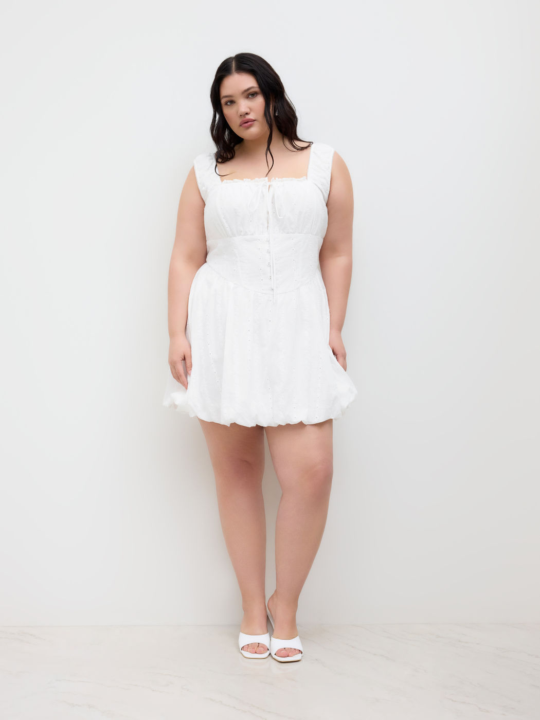 Cotton Broderie Anglaise Lettuce Trim Bubble Hem Mini Dress Curve & Plus