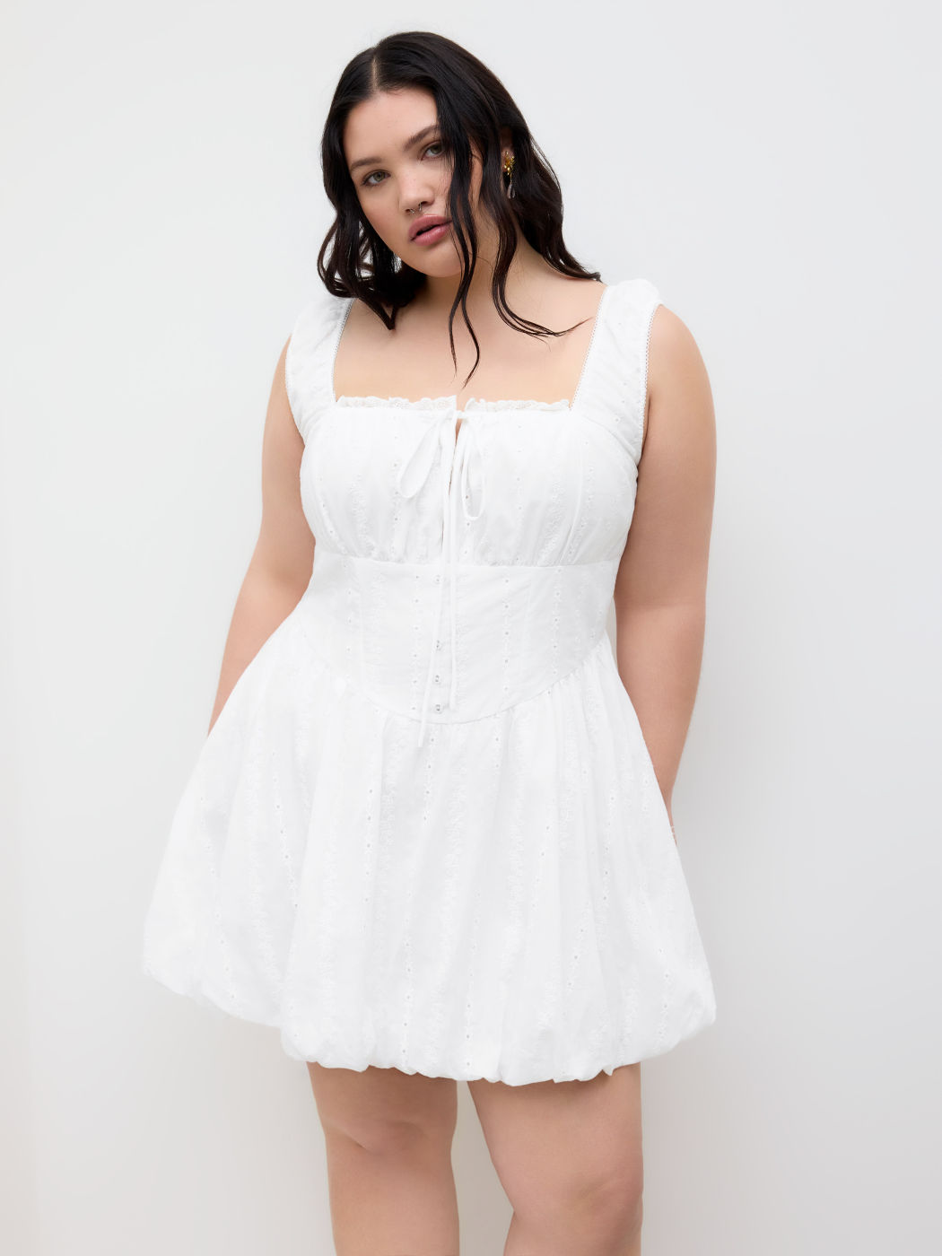 Cotton Broderie Anglaise Lettuce Trim Bubble Hem Mini Dress Curve & Plus
