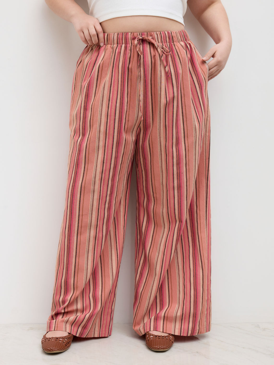 100% Cotton Mid Rise Stripe Knotted Wide Leg Trousers Curve & Plus