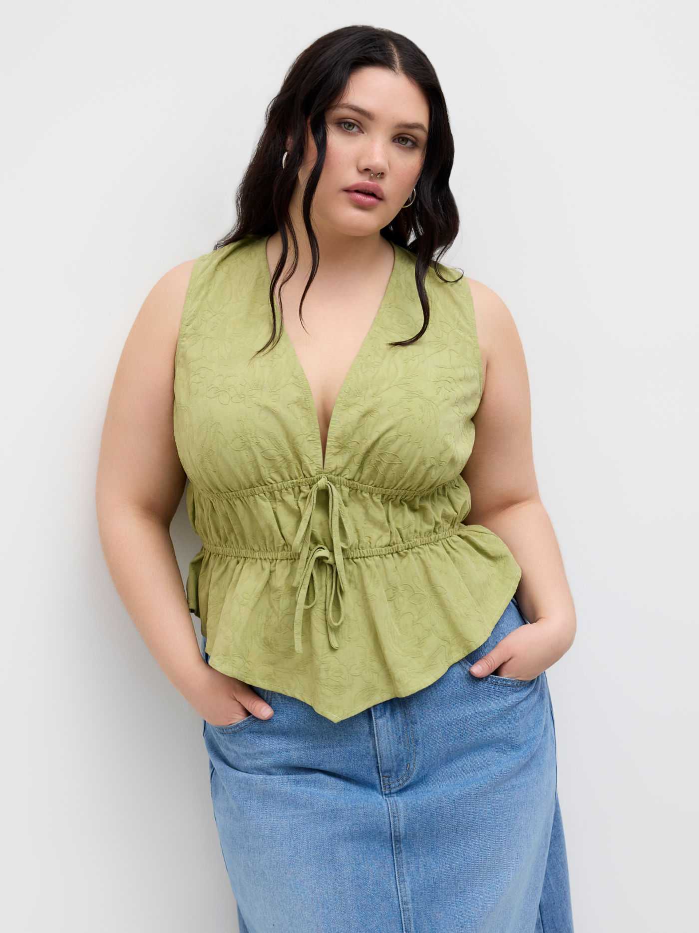 100% Cotton V-neck Tie Front Shirred Blouse Curve & Plus