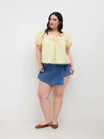 100% Cotton Bowknot Lace Trim Puff Sleeve Blouse Curve & Plus