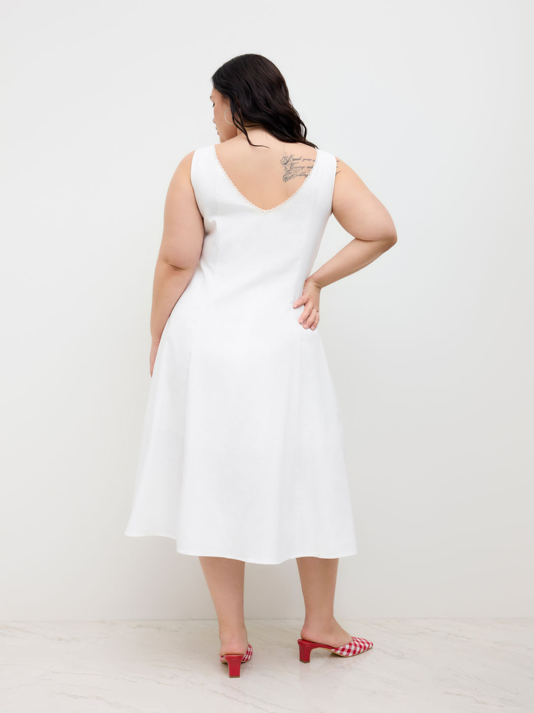 Linen-blend Sweetheart Button Up Ruffle Midi Dress Curve & Plus