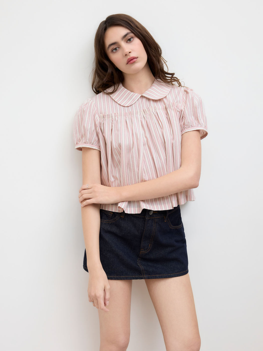 100% Cotton Peter Pan Collar Stripe Pleated Oversized Blouse