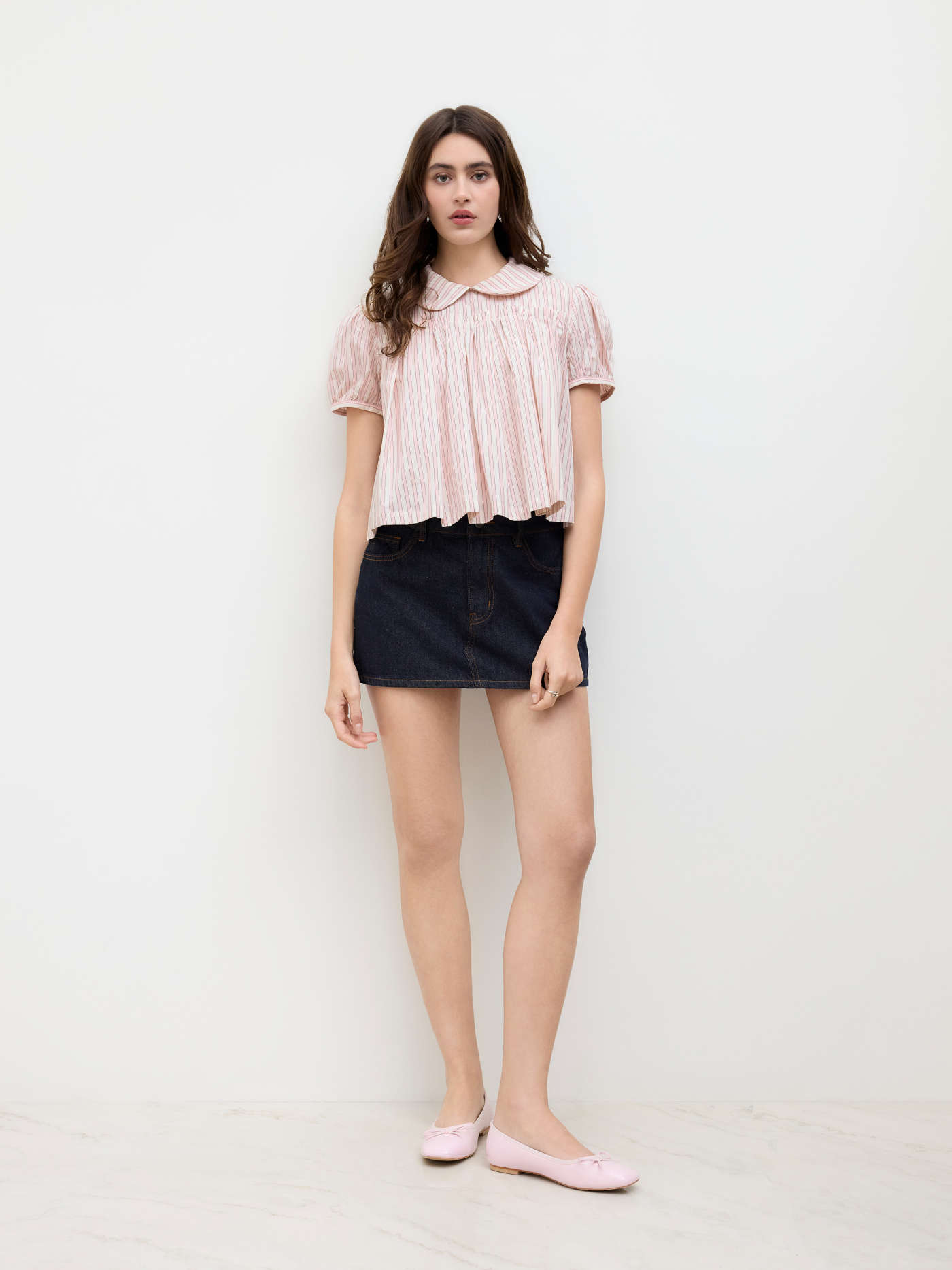 Woven 100% Cotton Peter Pan Collar Stripe Pleated Oversized Blouse For School