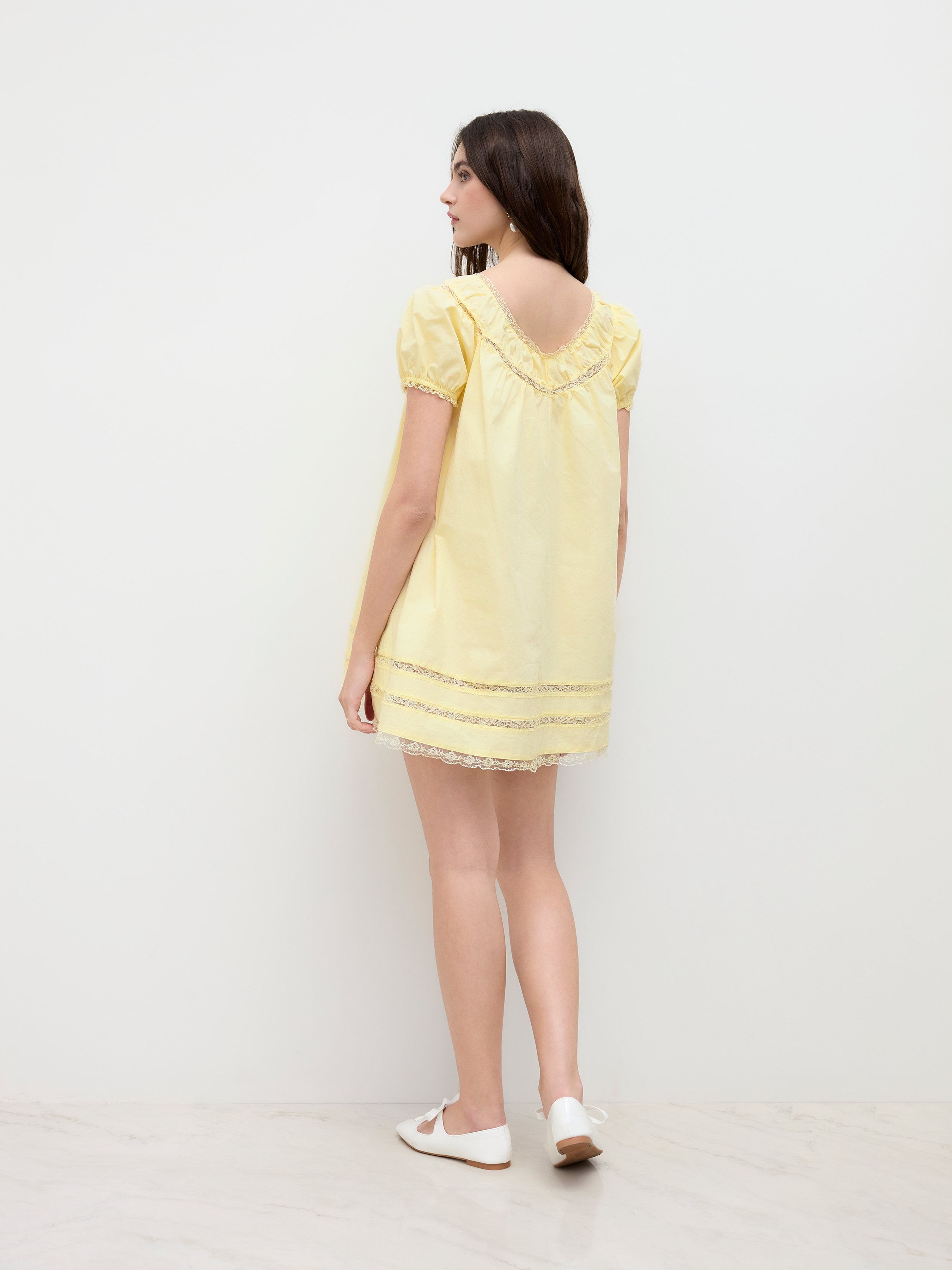100% Cotton Lace Trim Bowknot Puff Sleeve Mini Babydoll Dress