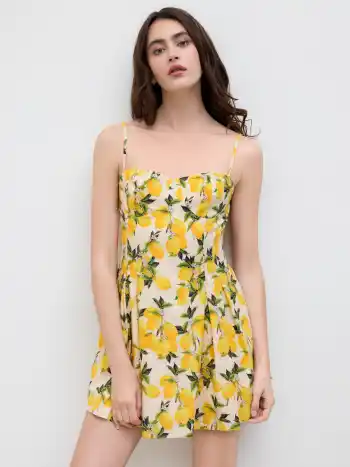 Cotton Sweetheart Neckline Lemon Lace Up Mini Dress