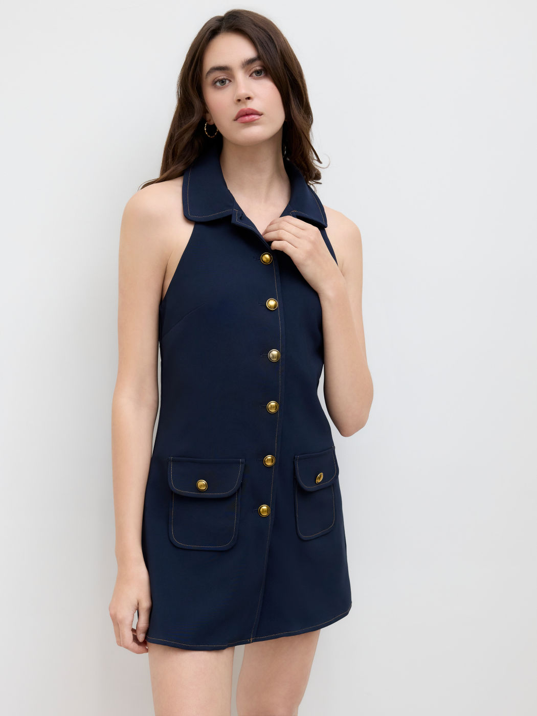 Collar Button Through Pocket Mini Dress