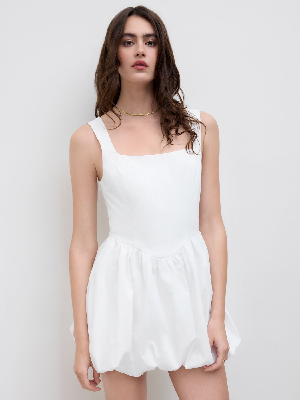 Baumwoll-U-Halsausschnitt Mini-Kleid mit Schnürung und Blasenabschluss