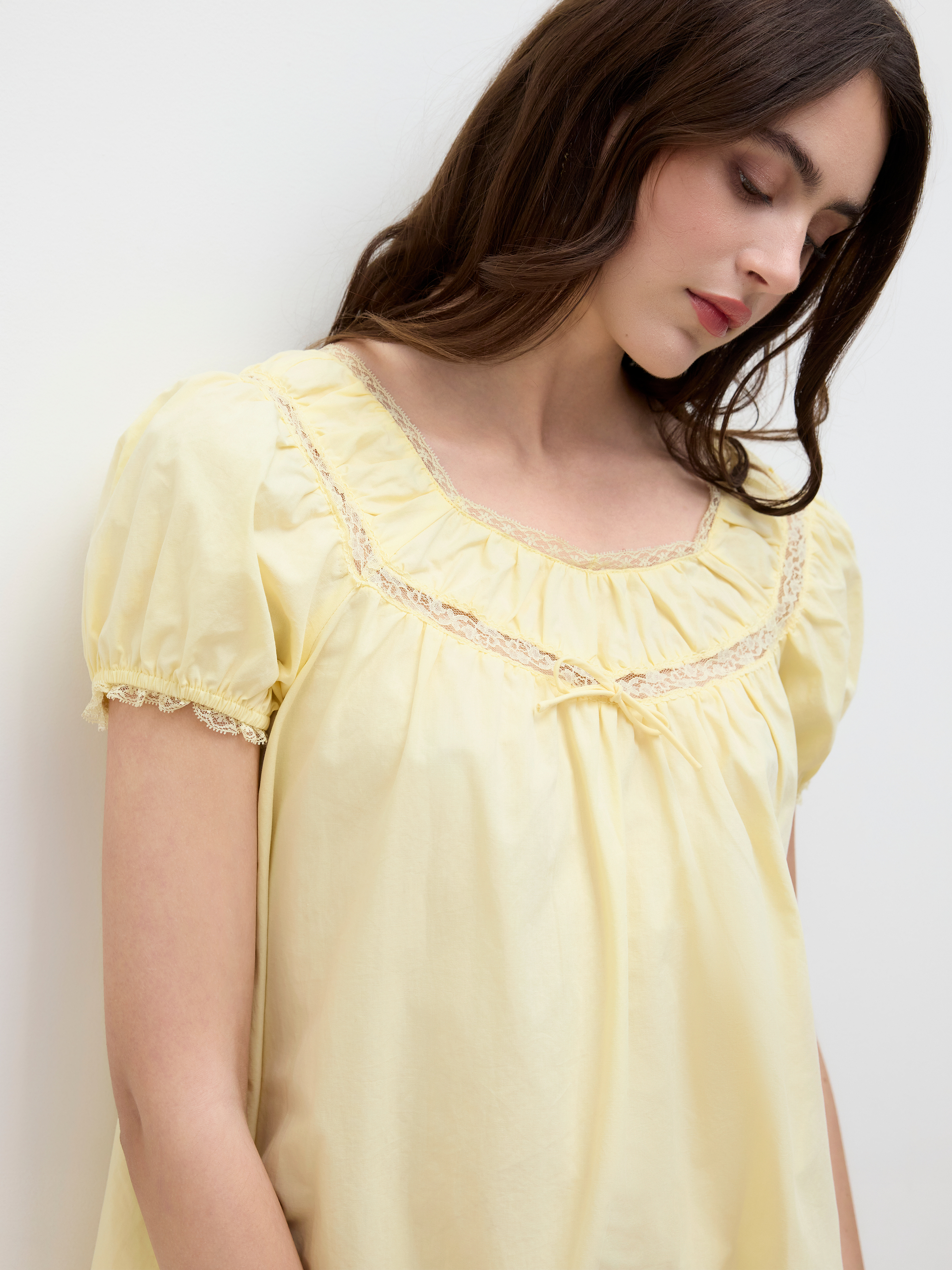100% Cotton Lace Trim Bowknot Puff Sleeve Mini Babydoll Dress