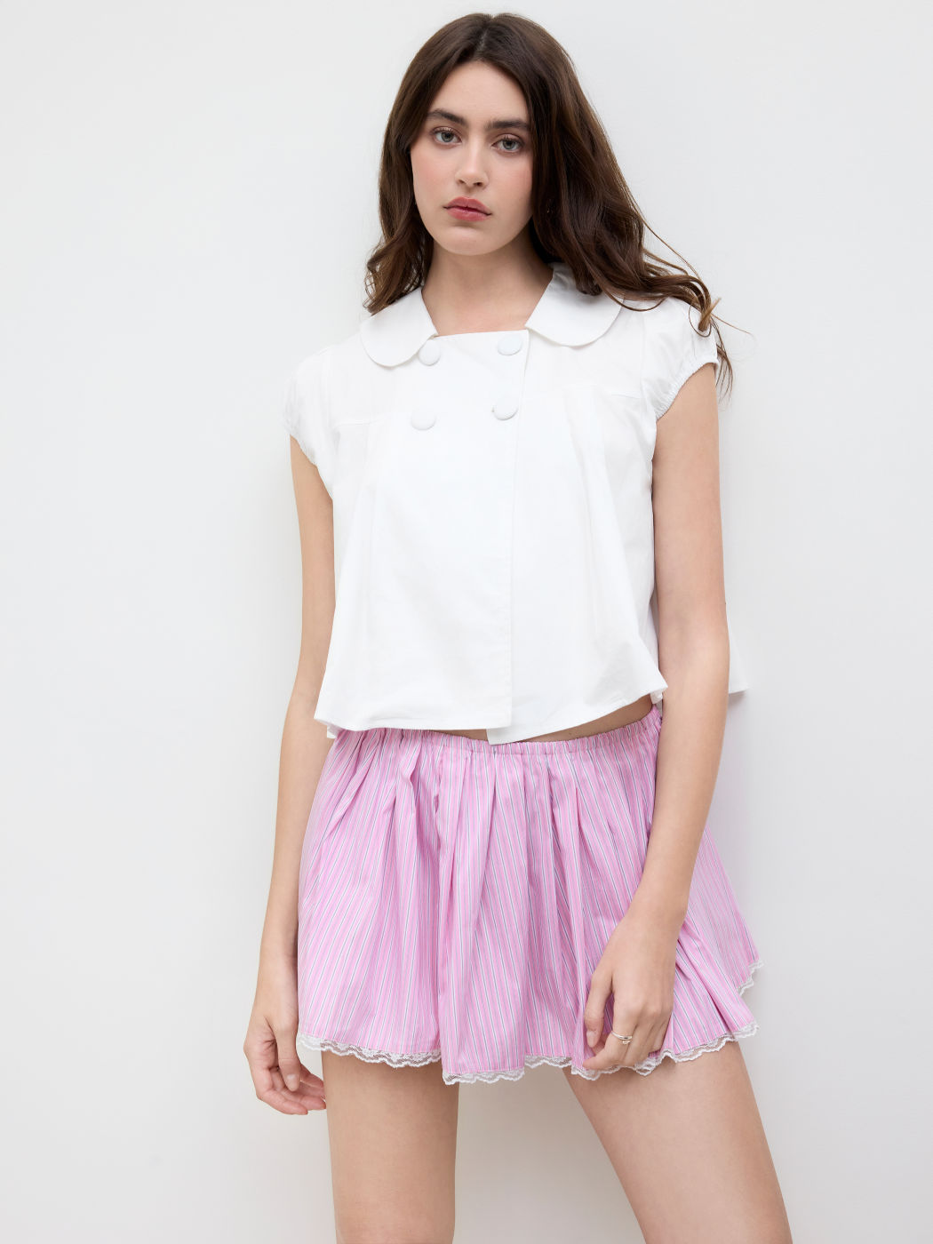 100% Cotton Peter Pan Collar Pleated Oversized Blouse