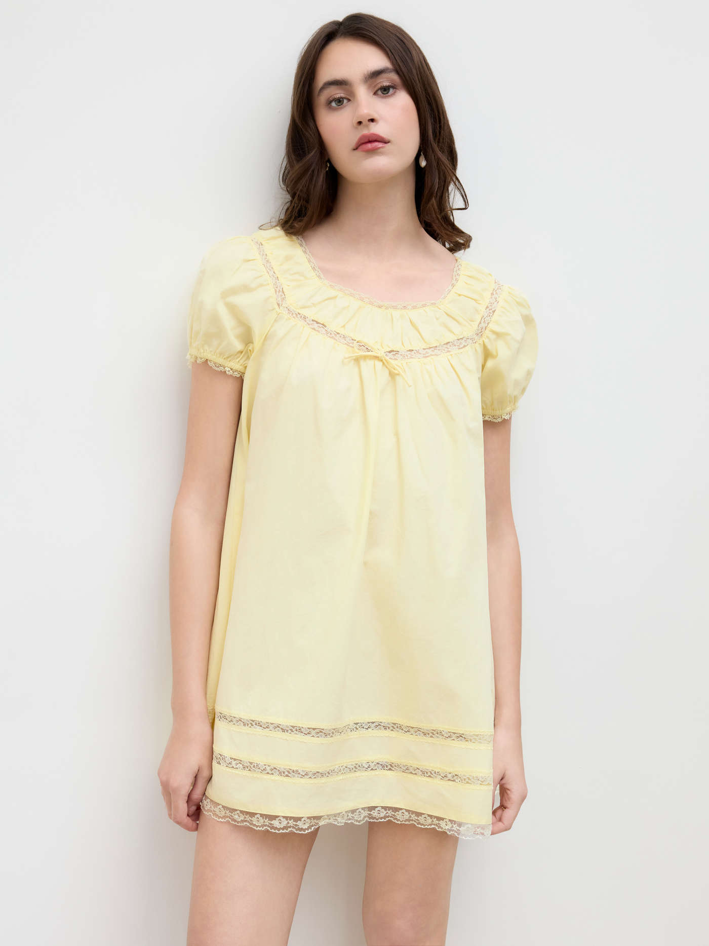 100% Cotton Lace Trim Bowknot Puff Sleeve Mini Babydoll Dress