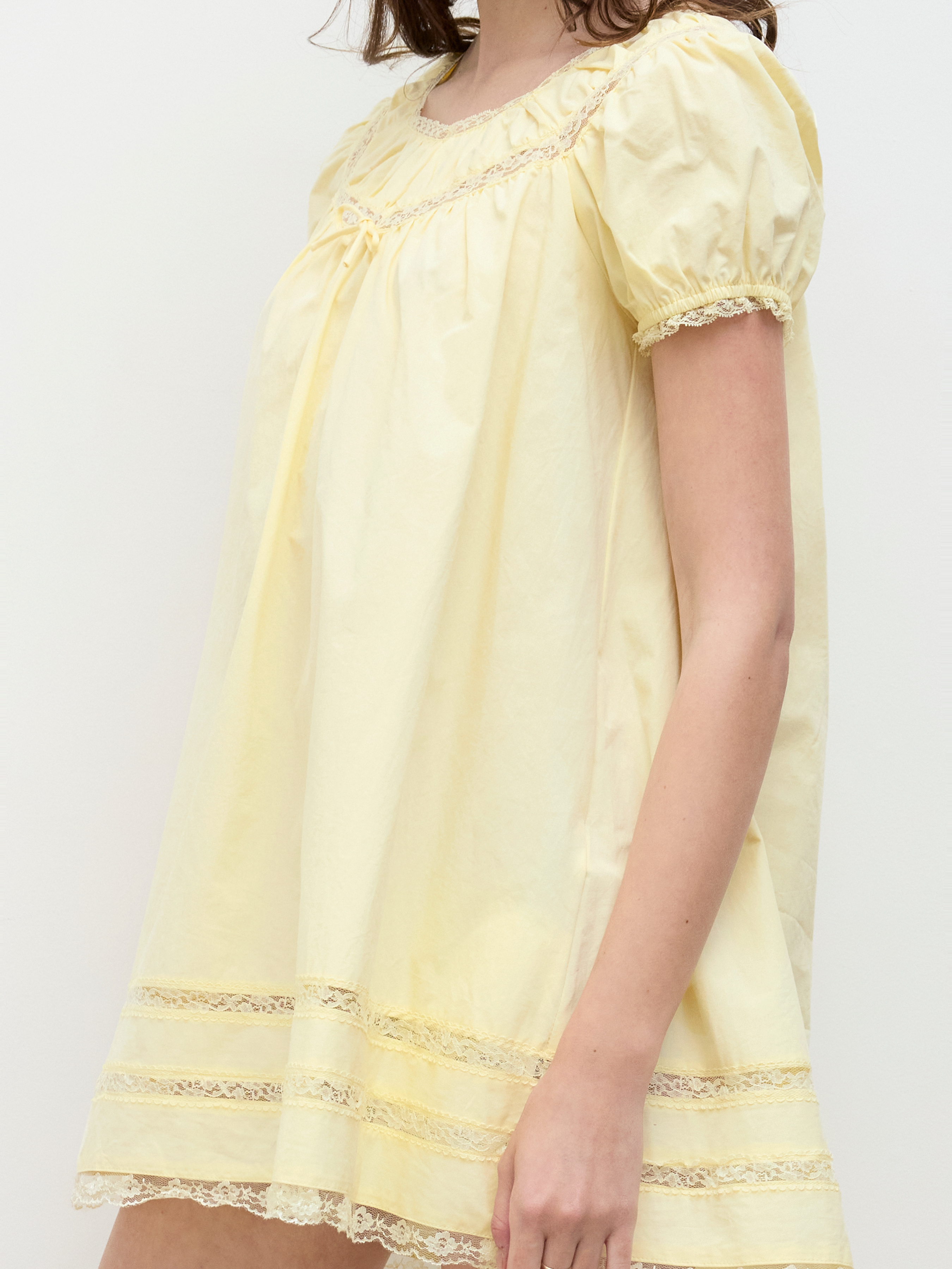 100% Cotton Lace Trim Bowknot Puff Sleeve Mini Babydoll Dress
