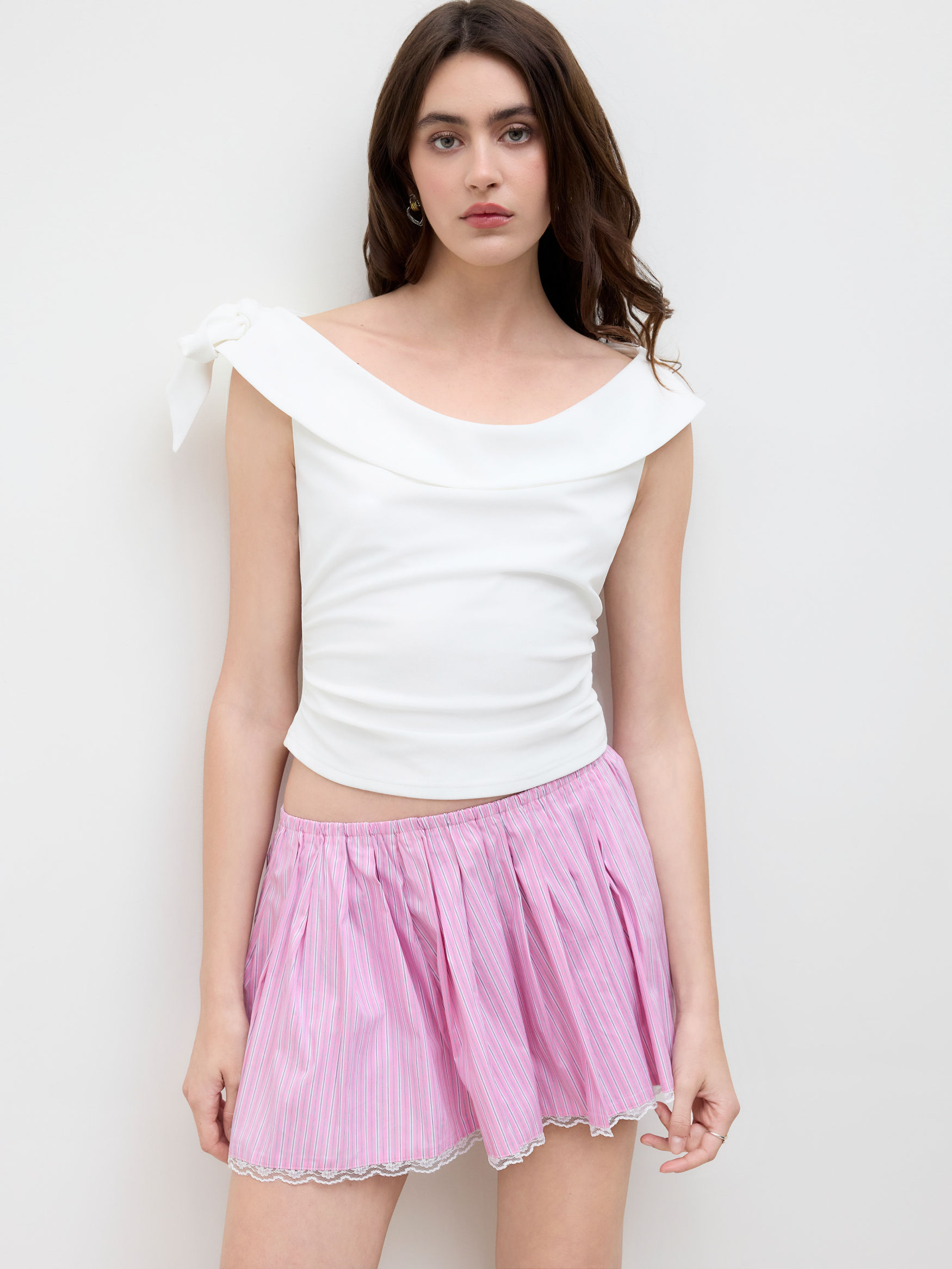  Off-shoulder Bowknot Ruched Tank Top
