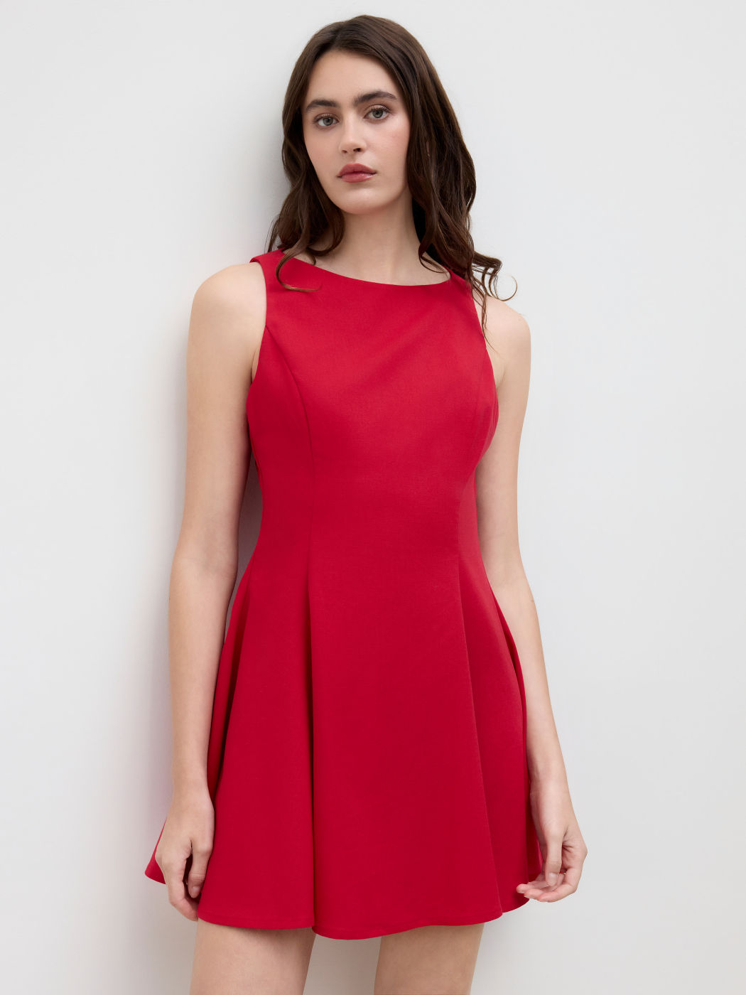 Linen-blend Boat Neck Pleated Mini Dress