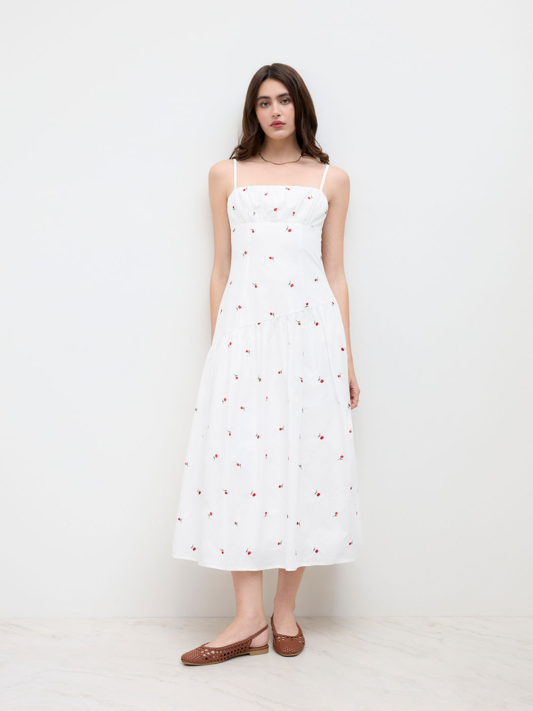 Cotton Cherry Embroidery Ruffle Cami Maxi Dress