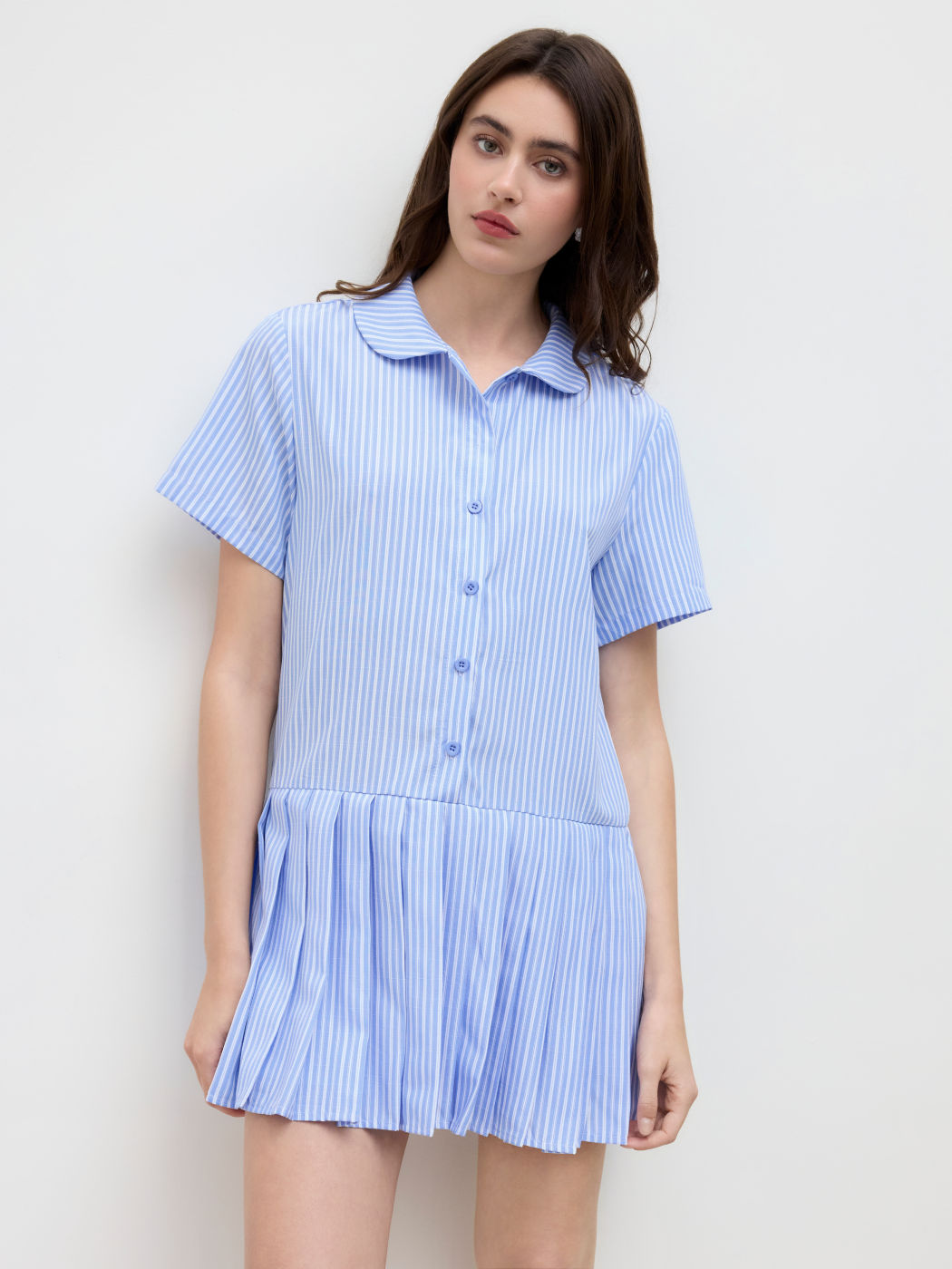 Peter-Pan-Kragen Streifen Gebundene Mini-Kleid