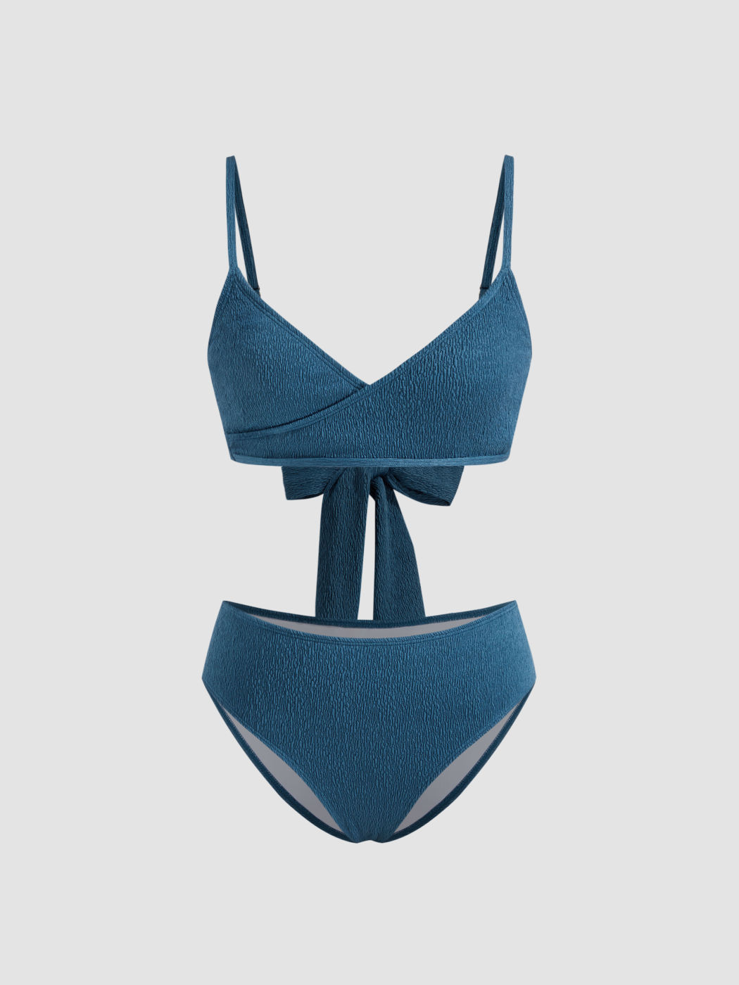 Texture V-neck Bowknot Criss-Cross Cheeky Bikini Set