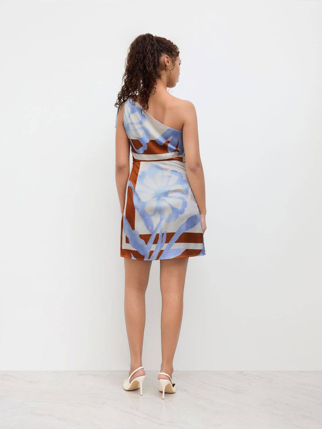 Asymmetrical Neck Floral Print Knotted Mini Dress