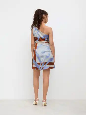 Asymmetrischer Hals, Blumenmuster, geknotetes Mini-Kleid
