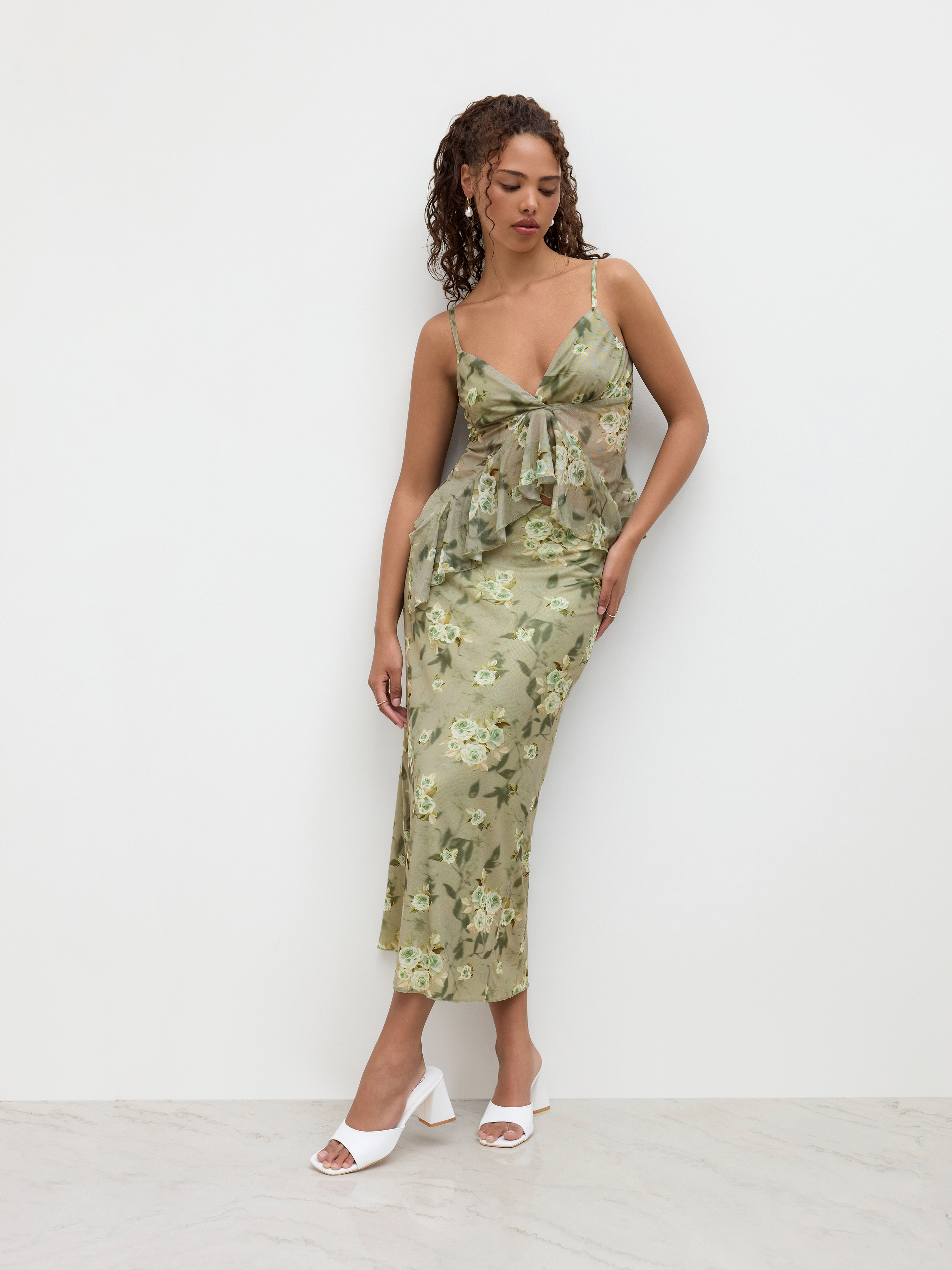 V-neck Floral Ruffle Cami Top & Mid Rise Maxi Skirt Set