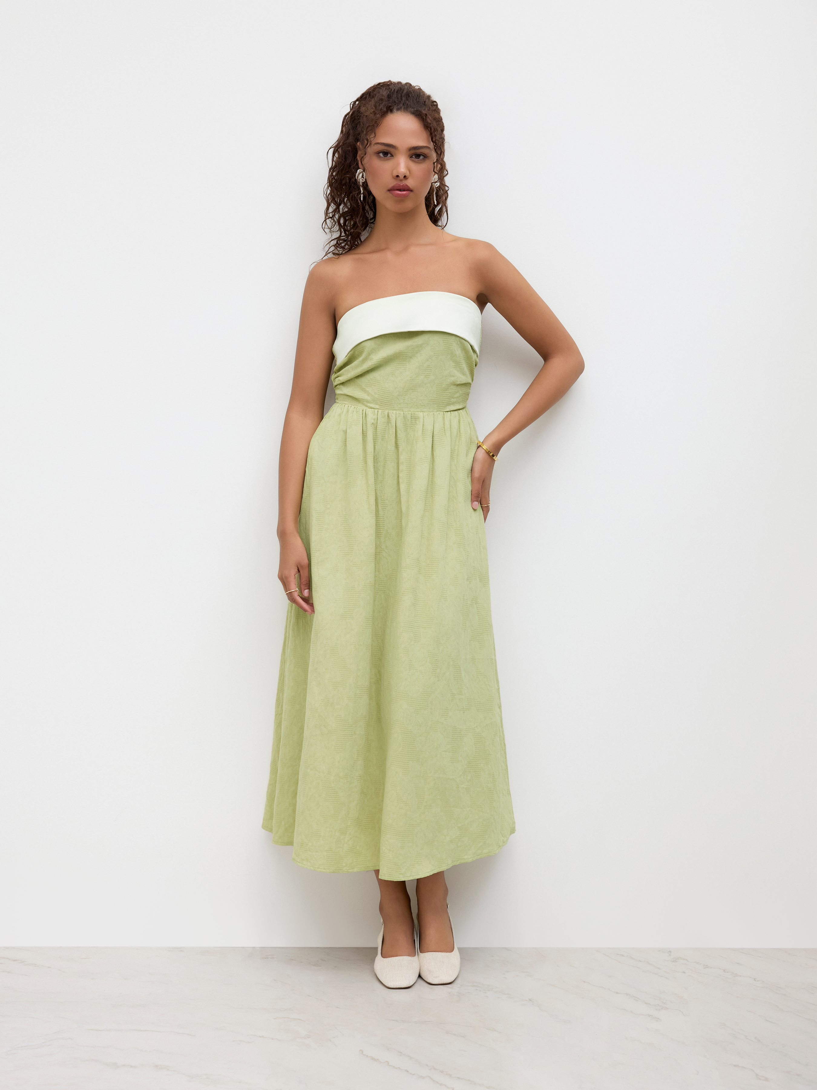 織布 コットン100％ フリルシャーリング バンドゥ・マキシドレス