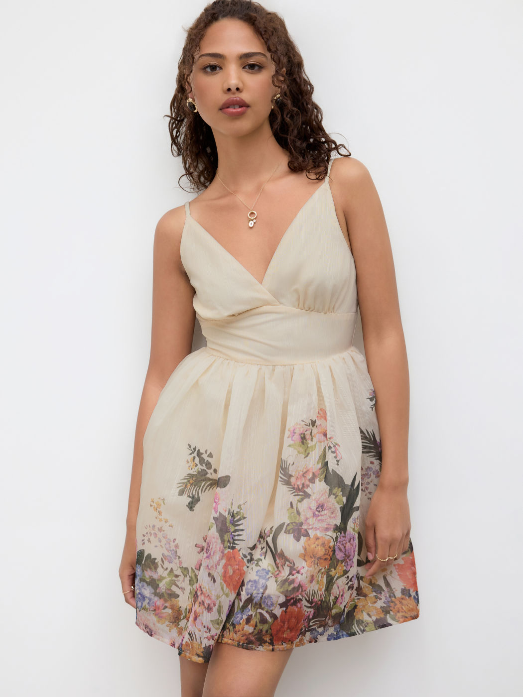 V-neck Floral Ruffle Shirred Mini Dress