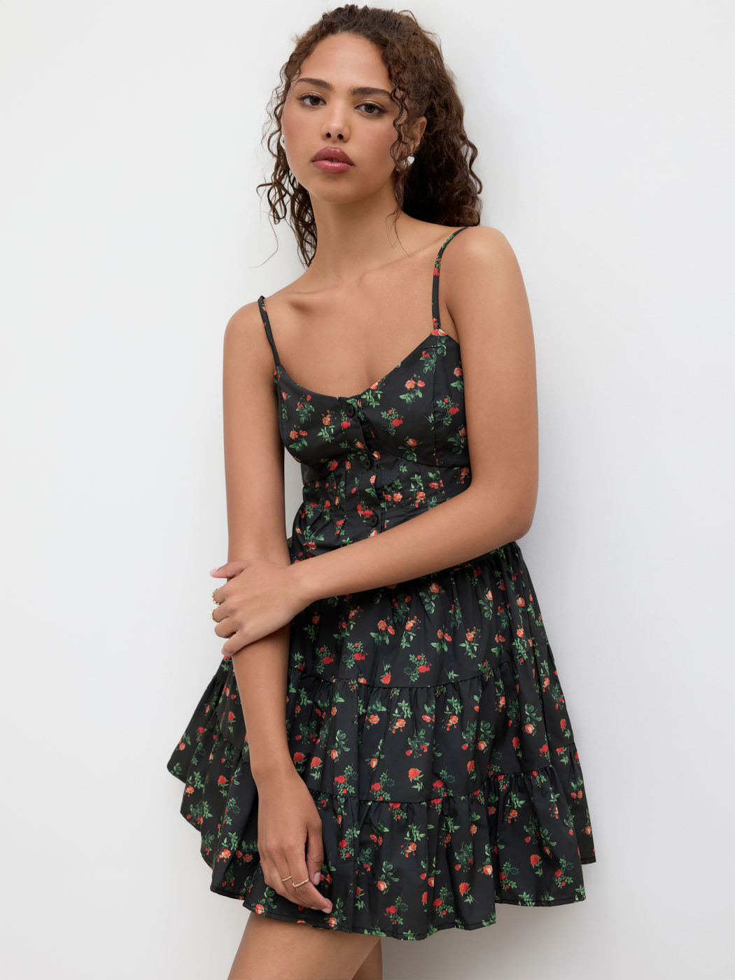 Floral Button Ruffle Mini Dress