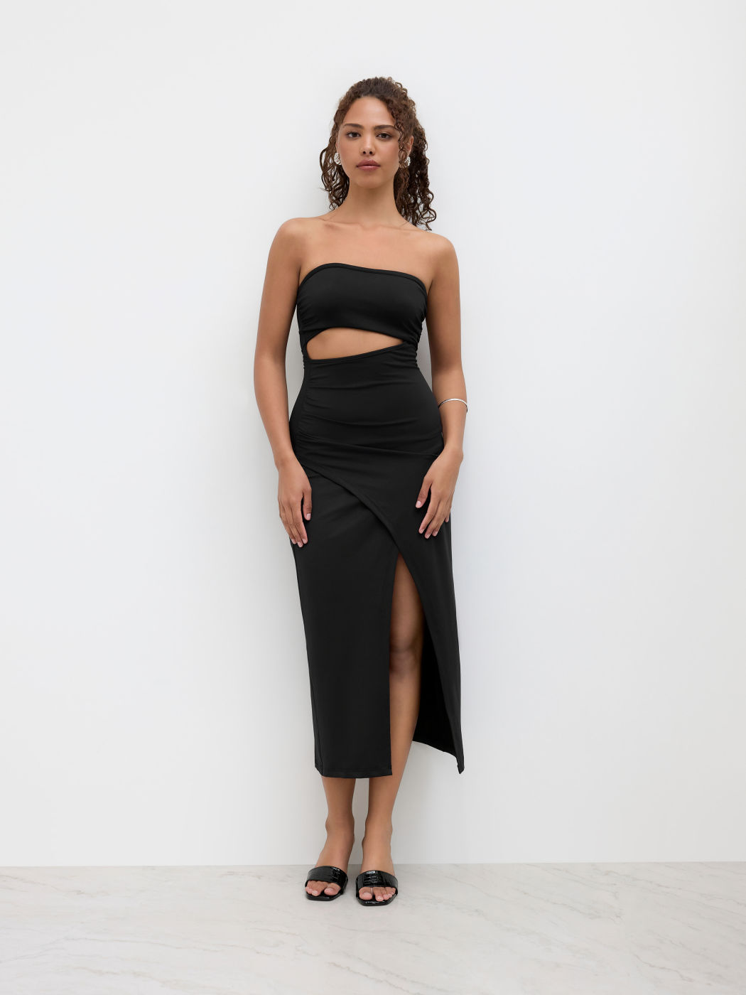 Bandeau Cut Out Ruched Split Maxi Dress