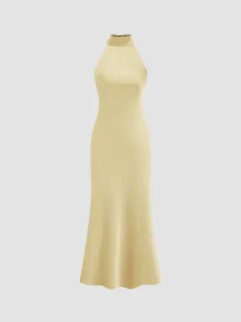 Satin Halter Neckline Backless Maxi Dress