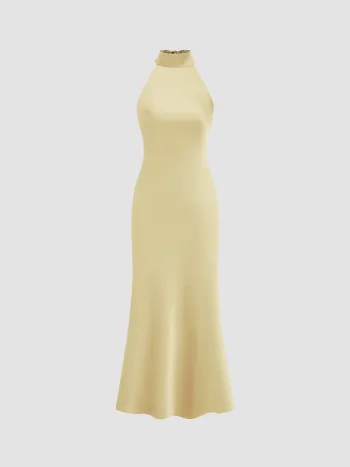 Satin Halter Neckline Backless Maxi Dress