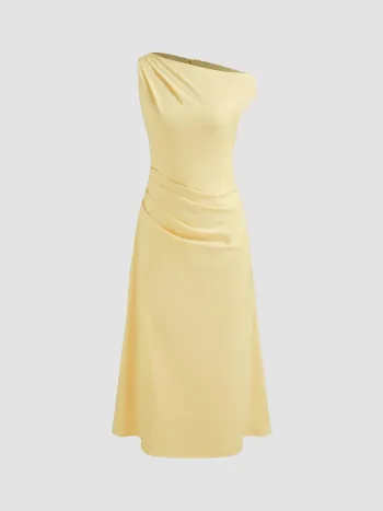 Asymmetrical Neck Solid Ruched Maxi Dress