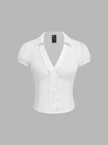 100% Cotton V-neck Check Button Short Sleeve Blouse
