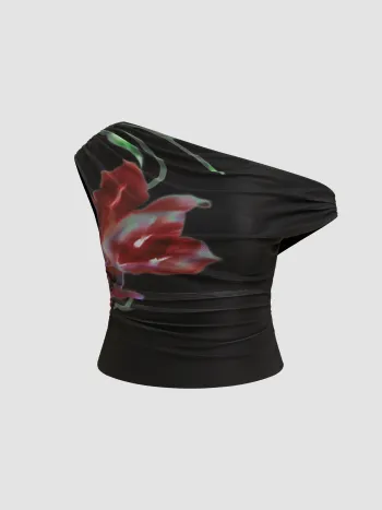 Florales, geruchertes Mesh-Top mit asymmetrischer Halslinie