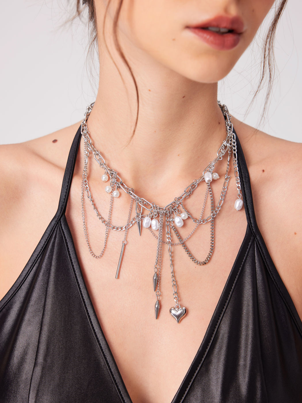 RIVET & HEART & FAUX PEARL MULTI-CHAIN NECKLACE