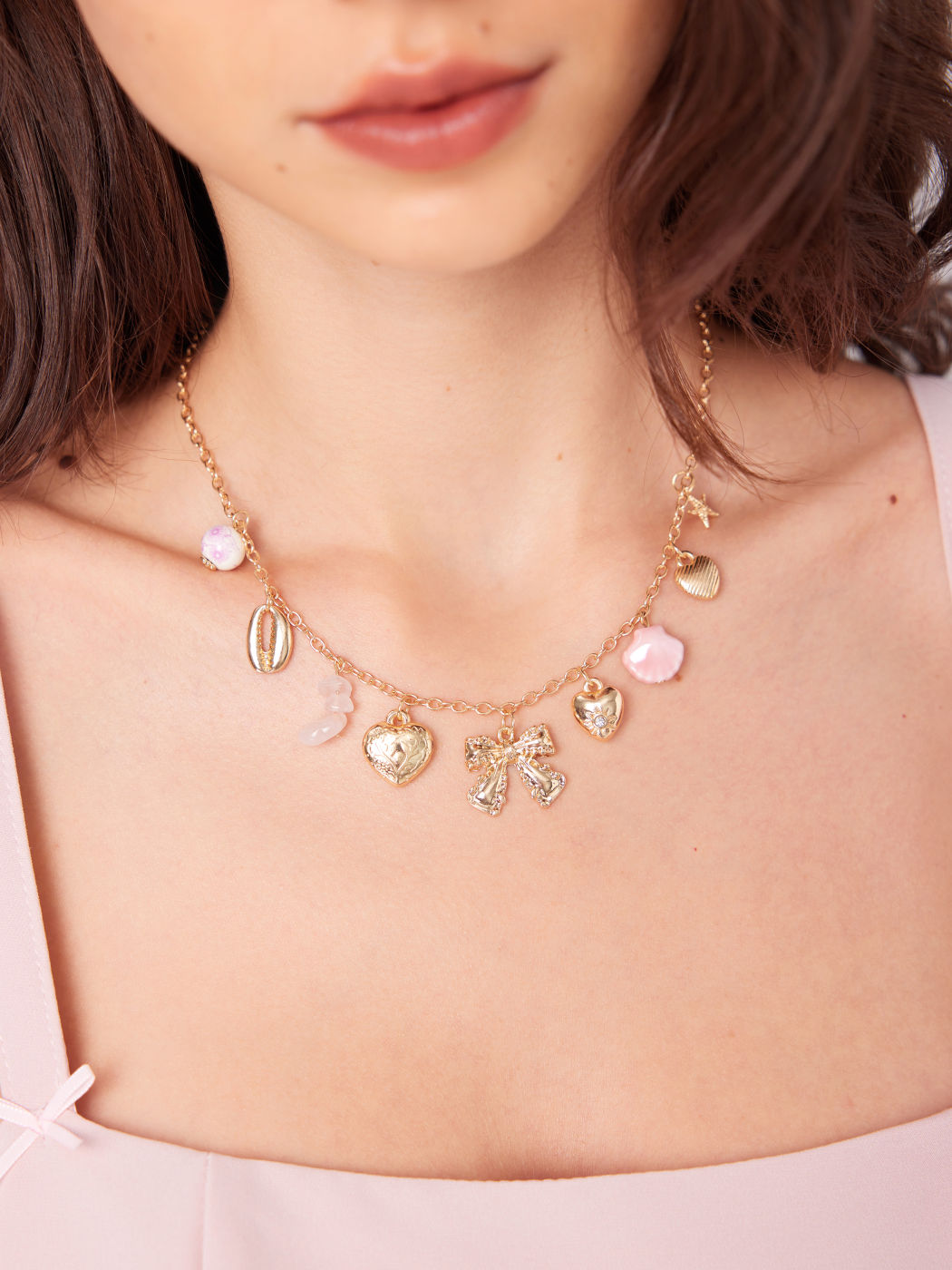BOWKNOT & HEART & SHELL PENDANT CHAIN NECKLACE