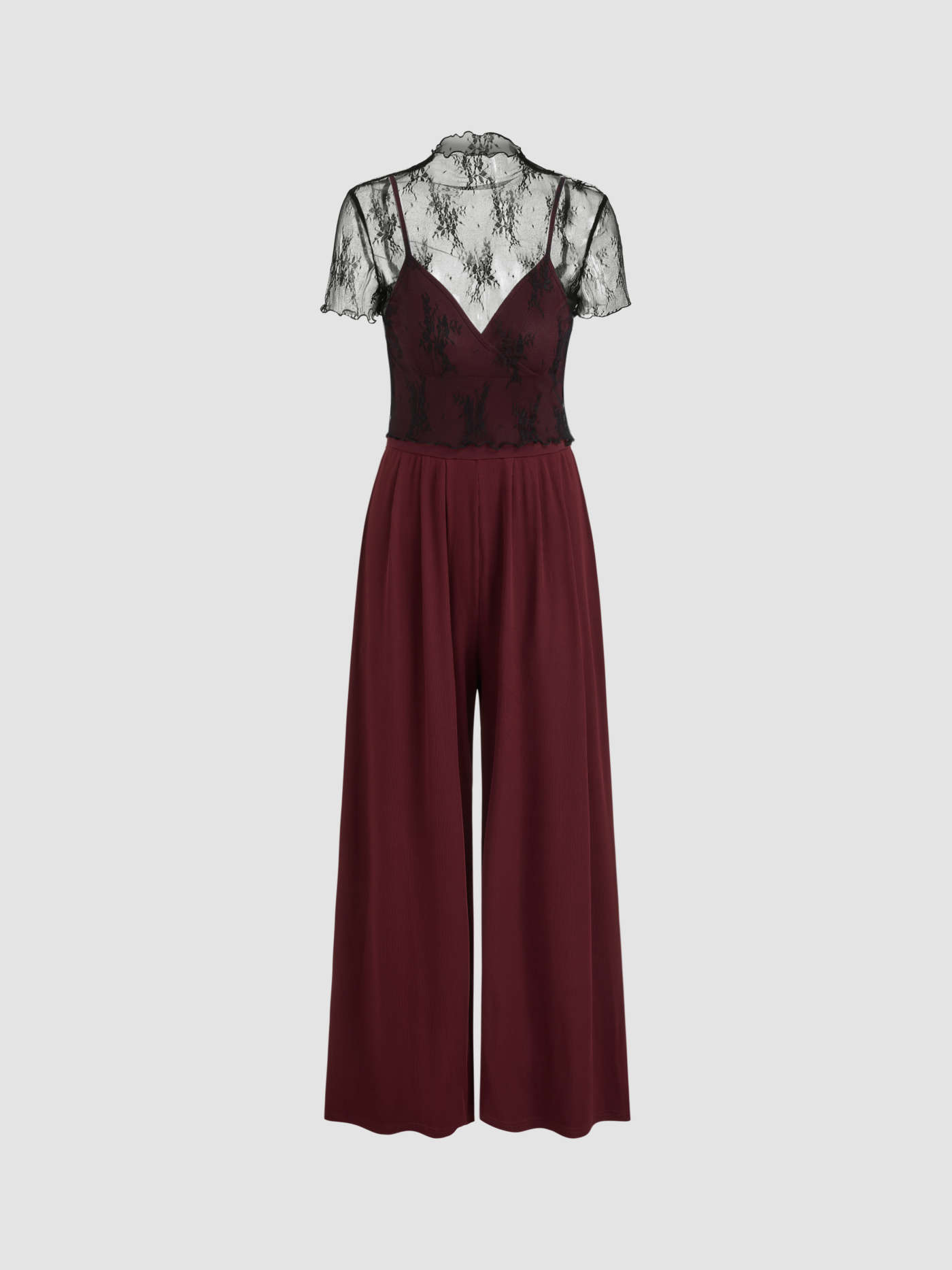 Lace See-through Top & V Neck Wide Leg Jumpsuit