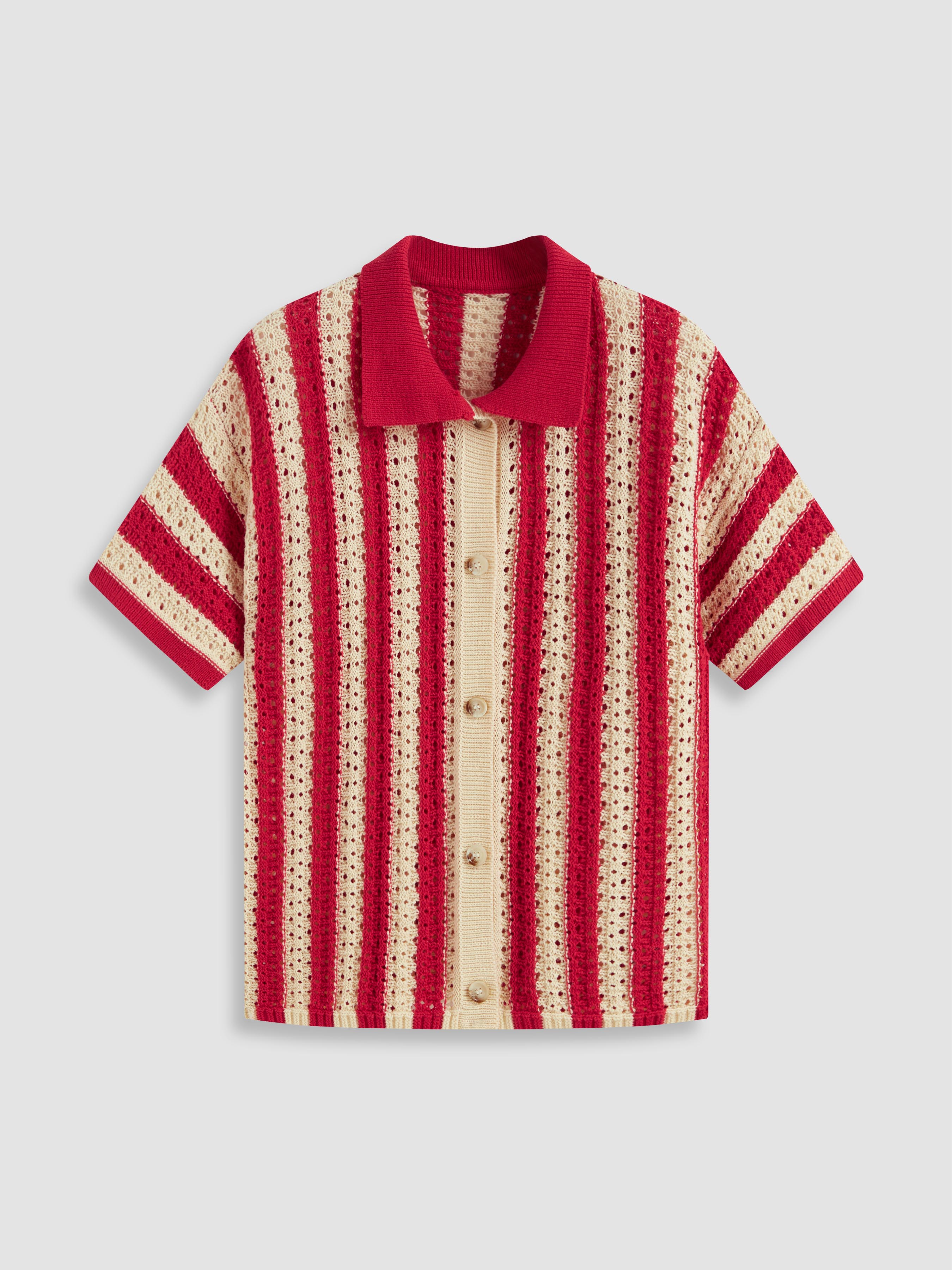 Knit Fabric Knit Polo Striped Hollow Out Short Sleeve Top