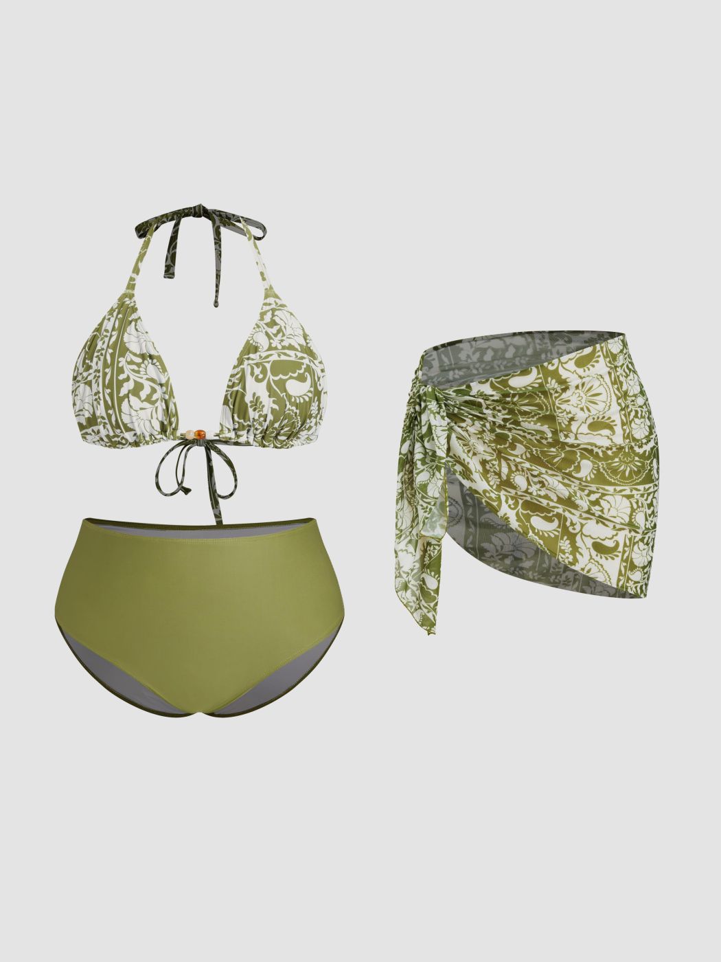 V-neck Floral Beaded Knotted Triangle Full Coverage Bikini Set With Sarong Curve & Plus