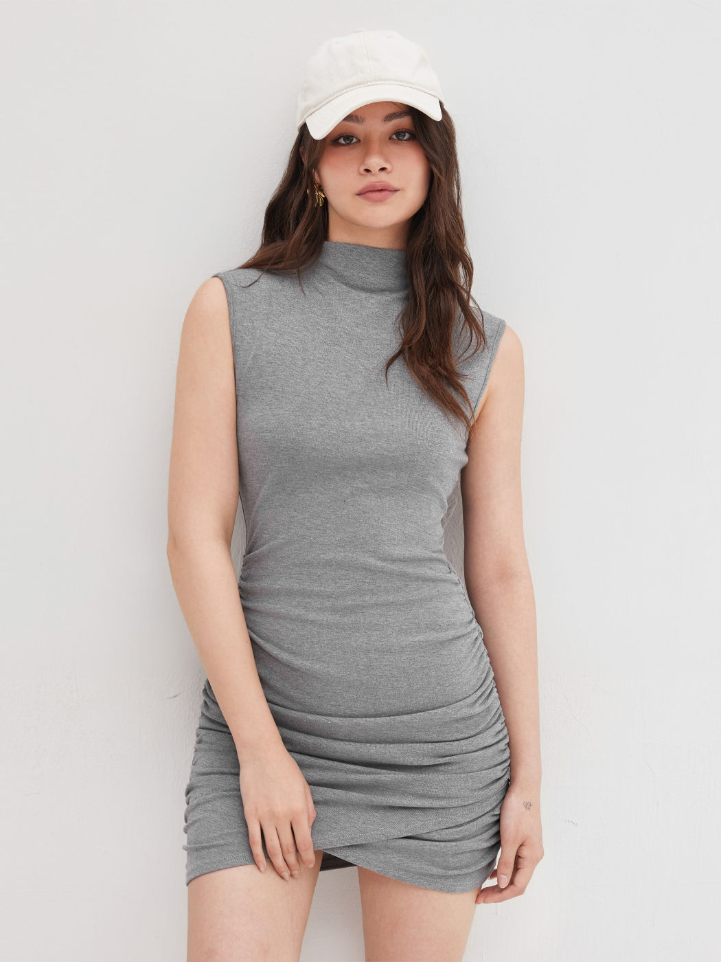 Stand Collar Ruched Mini Dress