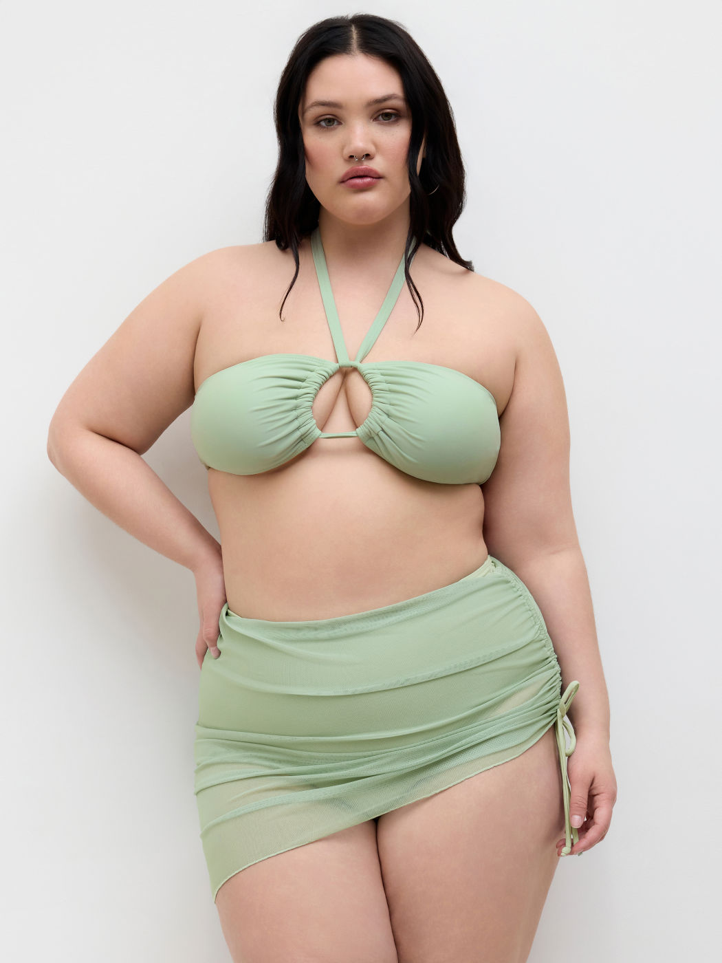 Halter Neckline Cut Out Full Coverage Bikini Set With Drawstring Sarong Curve & Plus