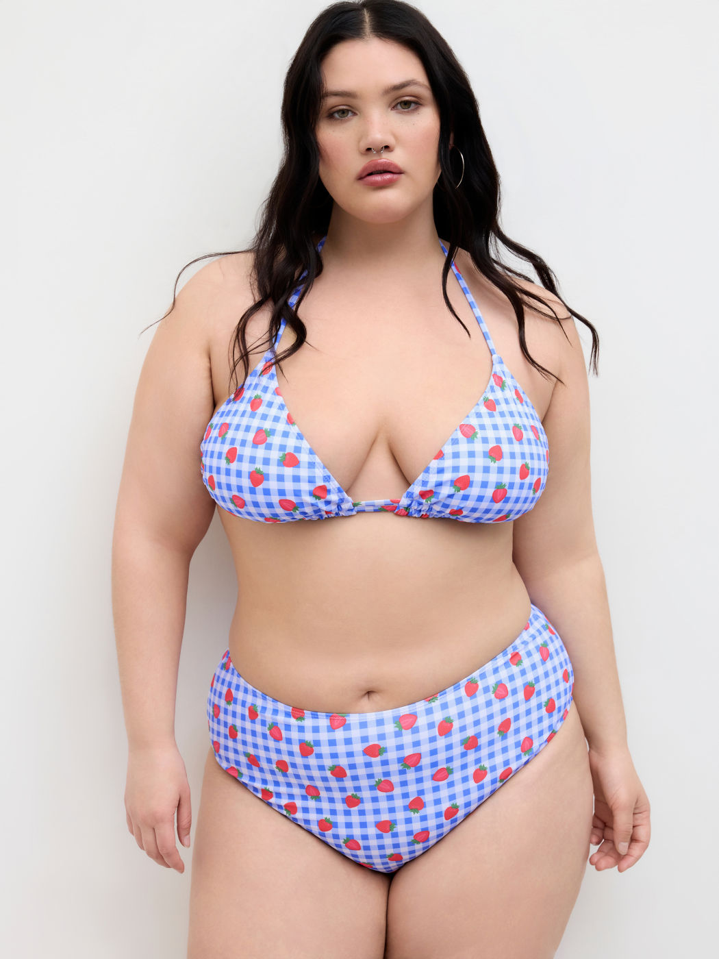 V-neck Gingham Strawberry Knotted Halter Full Coverage Bikini Set Curve & Plus
