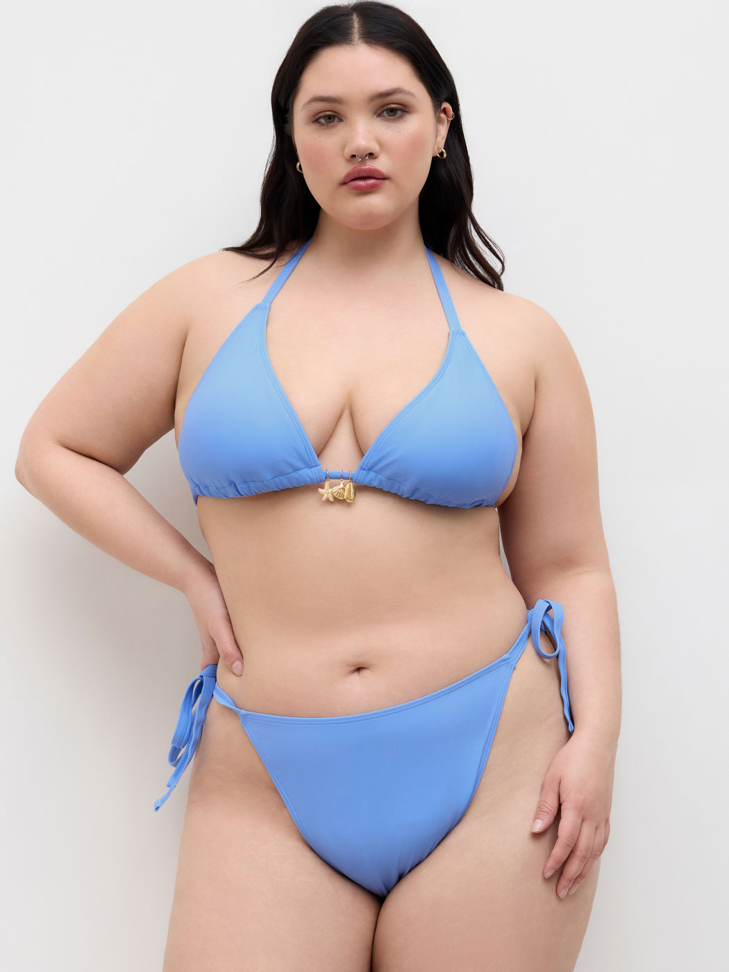 V-neck Shell Detail Halter Tie Side Bikini Set Curve & Plus