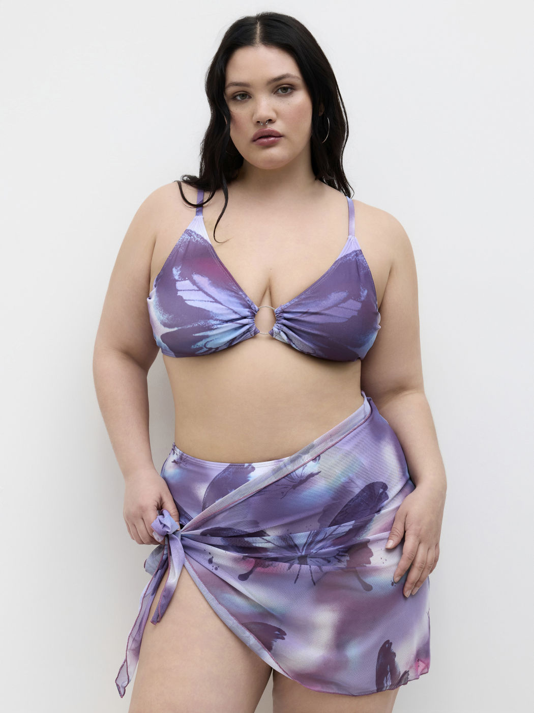 V-neck Butterfly O-Ring Bracelet Full Coverage Bikini Set With Sarong Curve & Plus