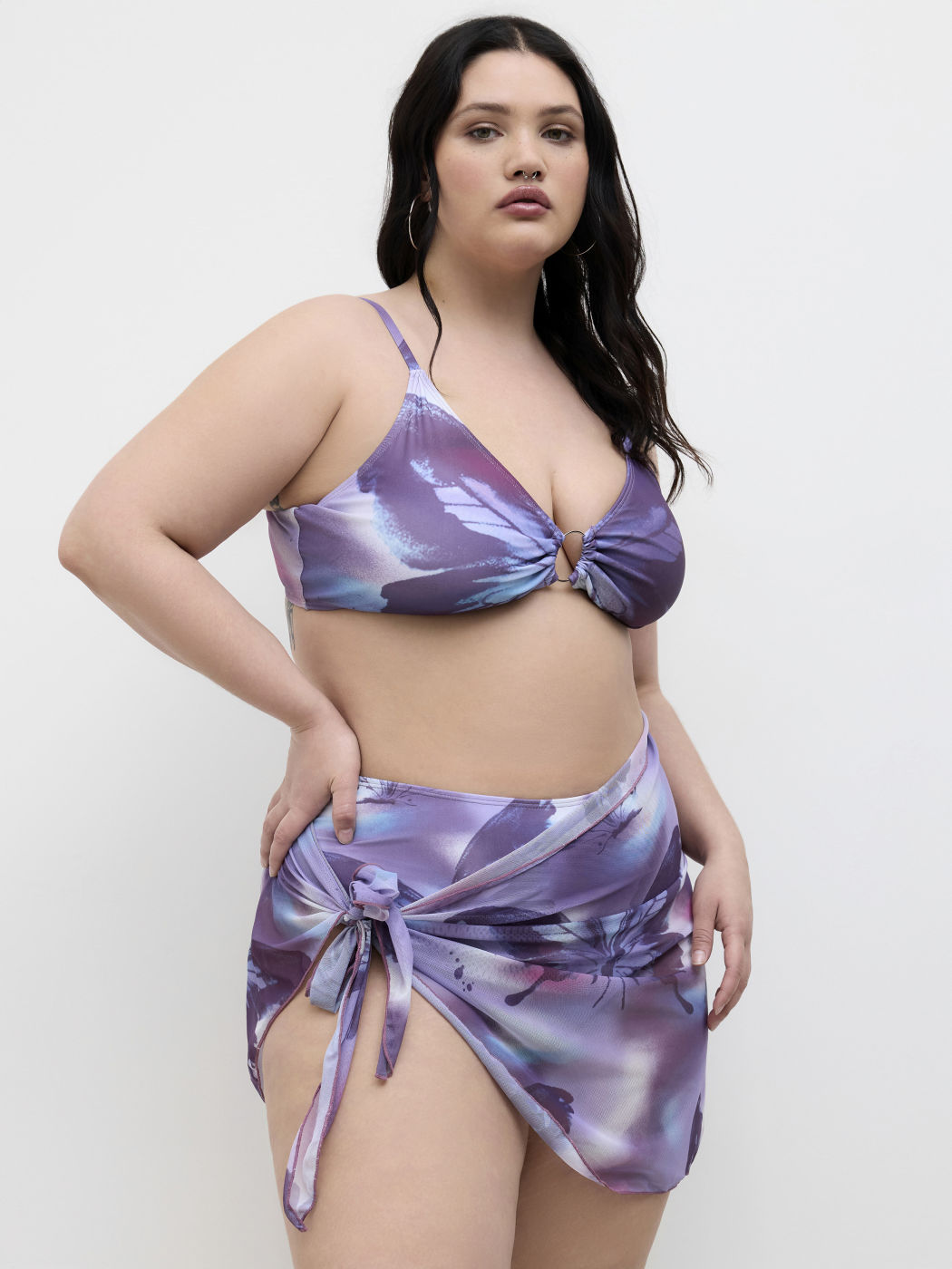 V-neck Butterfly O-Ring Bracelet Full Coverage Bikini Set With Sarong Curve & Plus