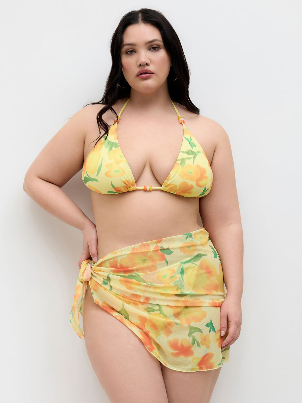 V-neck Floral Beaded Halter Cheeky Bikini Set With Sarong Curve & Plus