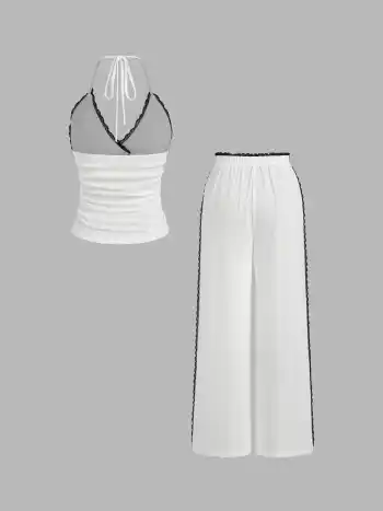 V-Ausschnitt Schleifenknopf Rüschung Spitze Rand Halter Top & Mittelhohe Weite Beine Hosen Lounge-Set