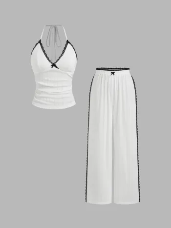 V-Ausschnitt Schleifenknopf Rüschung Spitze Rand Halter Top & Mittelhohe Weite Beine Hosen Lounge-Set